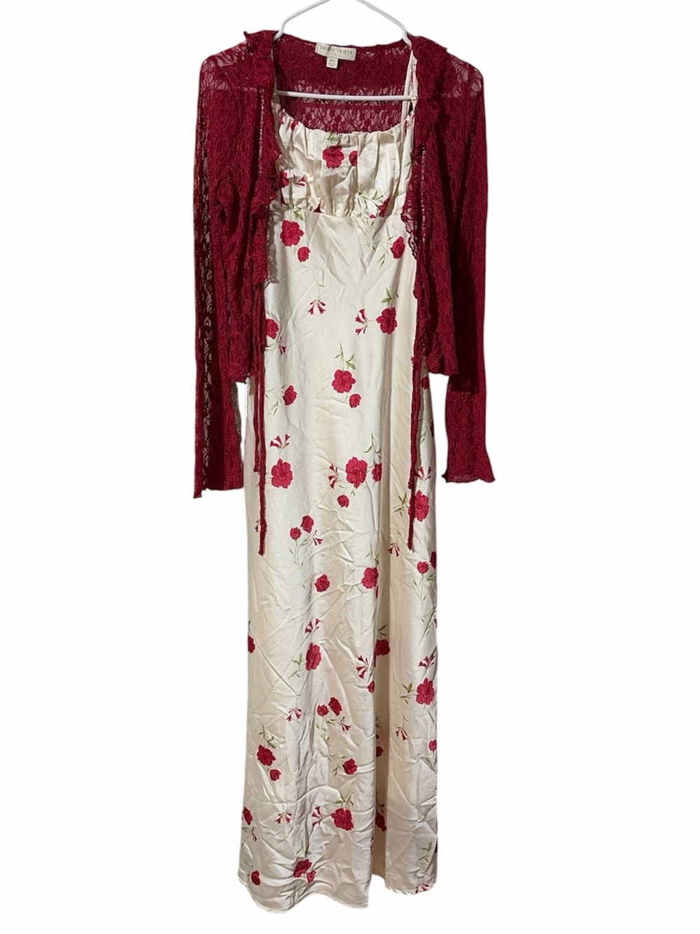 Thirty/Thirty LA Rose Print Satin Maxi Dress and Sheer Lace Cardigan Set
